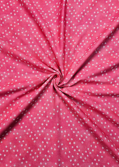 Zig Zag Bandhej Design Printed on Punch Pink Pure Cotton Linen Fabric - Pure Cotton Linen D.No. 3205 Punch Pink 1