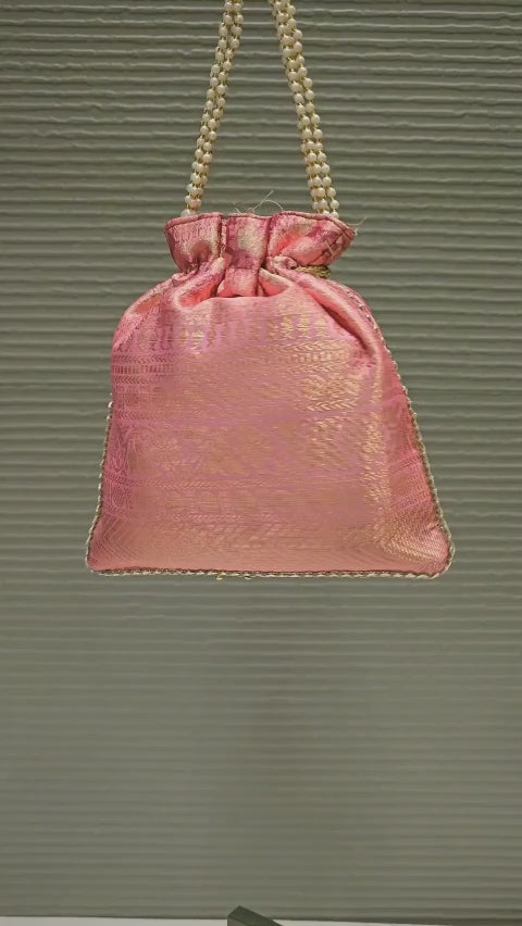 Pink Zari Woven Art Silk Digital Printed Ethnic Potli Bag with Pearl String Handle - Potli D.No.01 P15 Pink Video