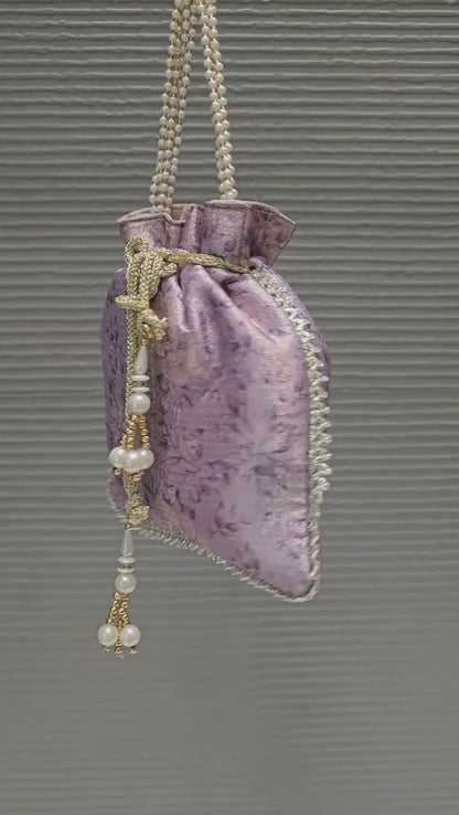 Lavender Digital Printed Zari Woven Art Silk Ethnic Potli Bag with Pearl String Handle - Potli Bag D.No.06 P62 Lavender