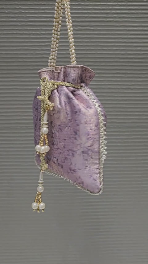 Lavender Digital Printed Zari Woven Art Silk Ethnic Potli Bag with Pearl String Handle - Potli Bag D.No.06 P62 Lavender