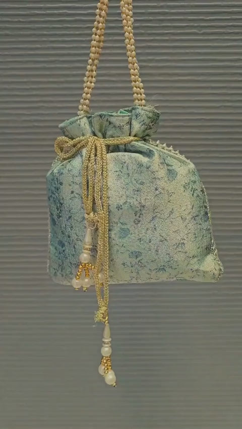 Sky Blue Digital Printed Zari Woven Art Silk Ethnic Potli Bag with Pearl String Handle - Potli Bag D.No.07 P74 Sky Blue Video