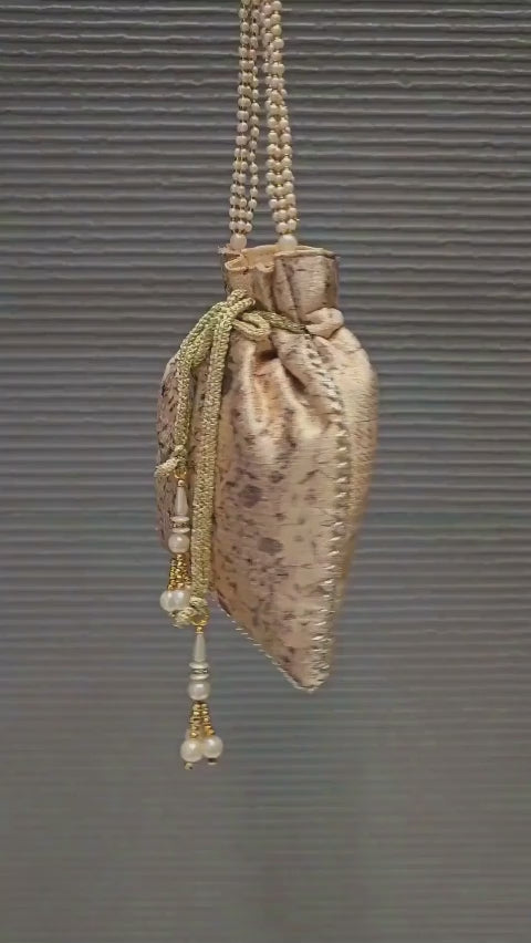 Beige Digital Printed Zari Woven Art Silk Ethnic Potli Bag with Pearl String Handle - Potli Bag D.No.07 P72 Beige Video